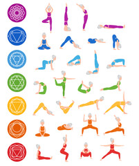 Set of poses elderly woman yoga. Chakra Yoga asana. Chakra systems of human body. Healthy lifestyle. Flat cartoon character. Vector illustration