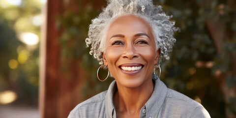 Smiley middle-aged woman with a short gray hair looking at camera. Close-up outdoor portrait of an...