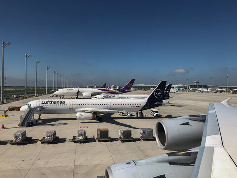 Commercial Airbus airliners parked on apron at Munich Airport with infrastructure and terminal builing in background seen from upper deck of Lufthansa Airbus A380 taken on 15 September 2023
