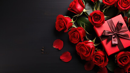 Top view red roses with box full of rose petals for valentines day on a dark background. Generative Ai