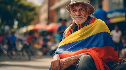 Colombian old man with colombian flag on him on the street - obrazy, fototapety, plakaty