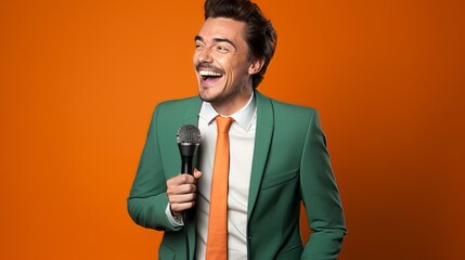 comedian with a microphone against a solid orange color background