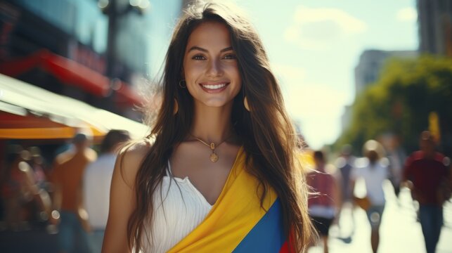Colombian young woman with colombian flag on him on the street
