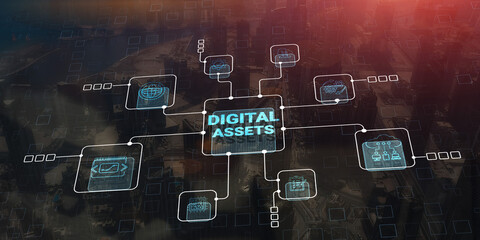 Digital Assets Business Management System Concept on modern city background