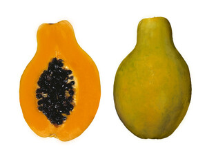 Papaya in a section. Exotic yellow fruit.  Isolated image on a white background. Nobody. 
