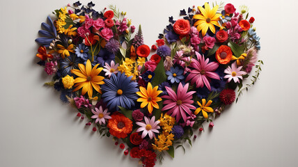 Heart symbol made of flowers, Bright color. Generative Ai