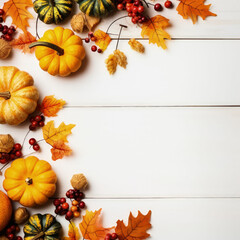 Beautiful composition of autumn leaves, fruits, vegetables with copy space