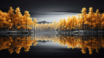 Modern canvas art with golden yellow forest on dark background. Generative Ai