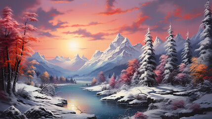 Winter landscape in the mountains, Bright color. Generative Ai