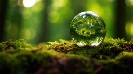 Foto op Plexiglas Earth Day Green Globe In Forest With Moss And Defocused © FryArt Studio