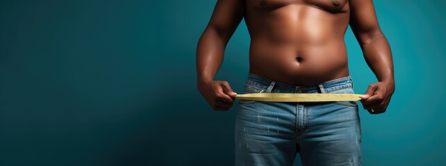 Young slim african american female in big jeans enjoy weight loss result with fat abstract body around