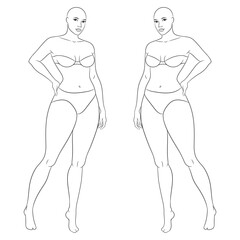Plus size female fashion figure posing, vector template. Curvy woman body vector line illustration. Curvy fashion model croqui.