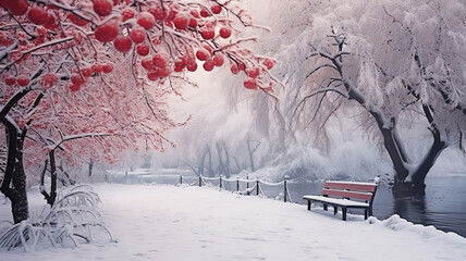 Winter city park at snowfall with red wild apple tree with bench. Generative Ai - obrazy, fototapety, plakaty