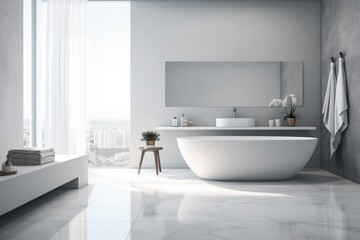 Fototapeta na wymiar modern bathroom interior with bathtub. Generative Ai