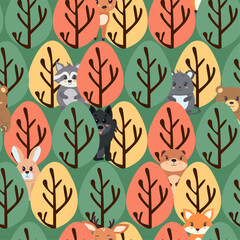 Seamless pattern of animals in the forest peeking out from behind the trees.