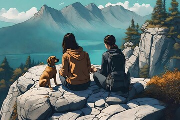 close-up view of a girls sitting with a dog on rock mountain, close relation between  and owner, stromy water near rocks, natural landscape scene, hyper realistic, high resolution, minimalism, texture