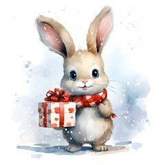 Christmas Watercolor Rabbit bunny with presents