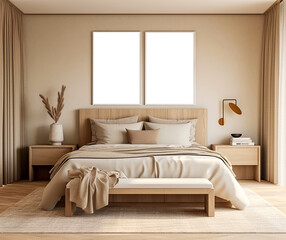 Stylish bedroom interior with mock up poster frame and elegant personal accessories. Beige color