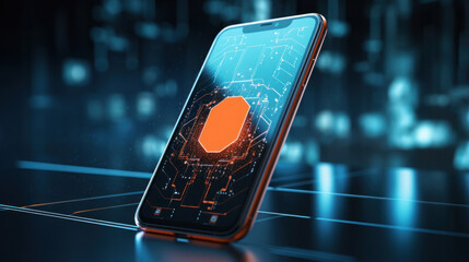 Cybersecurity mobile phone concept, shield protecting digital data from virtual threats