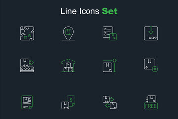 Set line Cardboard box with free symbol, traffic, Waybill, Carton cardboard, measurement, Full warehouse and Conveyor belt icon. Vector