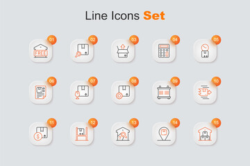 Set line Full warehouse, Location with cardboard box, Warehouse check, interior boxes, Carton, Container and Gear package icon. Vector