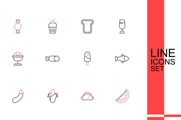 Fototapeta premium Set line Watermelon, Taco with tortilla, Corn, Eggplant, Fish, Ice cream, Salami sausage and in the bowl icon. Vector