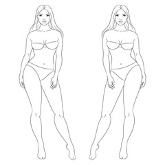 Plus size female fashion figure posing, vector template. Curvy woman body vector line illustration. Curvy fashion model croqui.