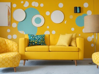 yellow sofa in a room with a lamp
