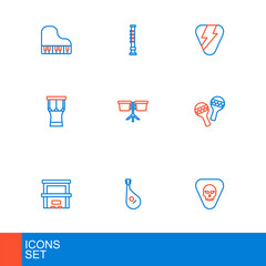 Set line Guitar pick, Bandura, Piano, Maracas, African percussion drum, Bongo, and Flute icon. Vector