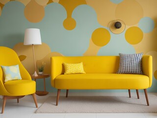 yellow sofa in a room with a lamp
