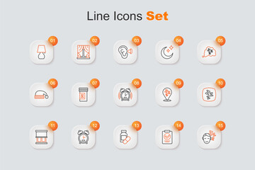 Set line Dreams, Medical prescription, Sleeping pill, Alarm clock, Window with curtains, Sleepy, and icon. Vector