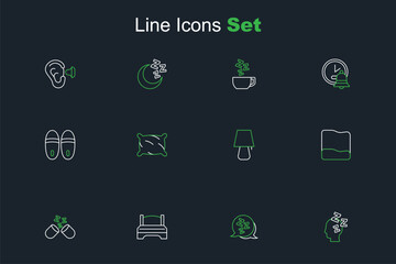 Set line Dreams, Sleepy, Big bed, Sleeping pill, Pillow, Table lamp, and Slippers icon. Vector