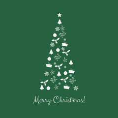 Christmas Tree Made of Stars, Hearts, Trees. Snowflakes and gift box green background. Merry Christmas and Happy New Year postcard green background