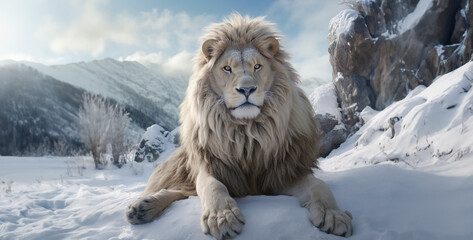lion in winter, a lion sitting on snow hd wallpaper - obrazy, fototapety, plakaty