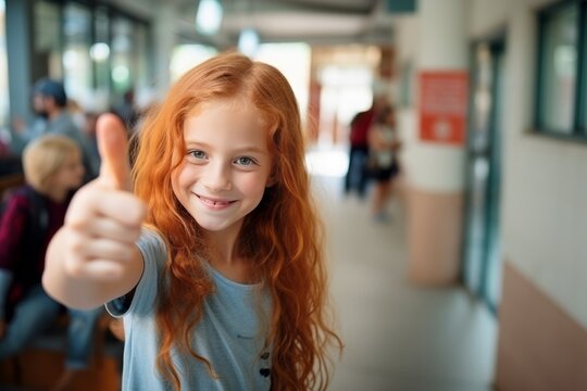 Cute red haired child girl showing thumb up in the school.