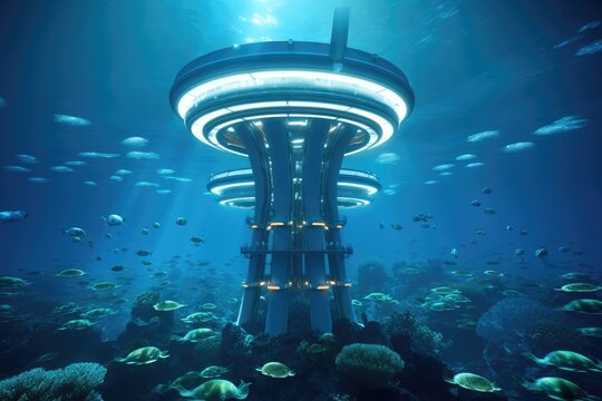 Futuristic power plant of the future in the ocean, water energy