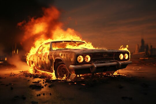 Burning Old School Car in the Night. Car fire. Car explosion. Burning vehicle on the road. Disaster, apocalypse, and damage.