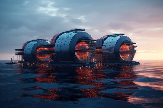 Futuristic power plant of the future in the ocean, water energy