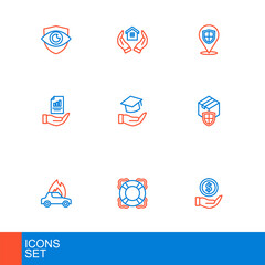 Set line Money with shield, Lifebuoy, Burning car, Delivery security, Contract hand, Education grant, Location and House icon. Vector