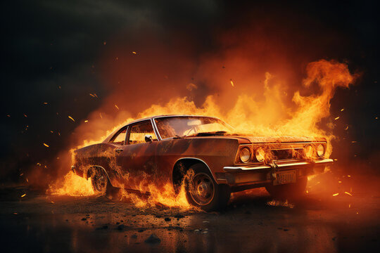 Burning Old School Car in the Night. Car fire. Car explosion. Burning vehicle on the road. Disaster, apocalypse, and damage.