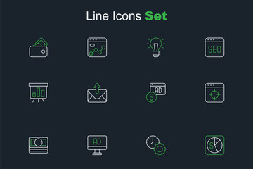 Set line Market analysis, Time management, Advertising, Stacks paper money cash, Target financial goal, Mail and e-mail and Board with graph chart icon. Vector