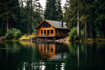 Fototapeta na wymiar Wooden house on the shore of a lake in the forest.