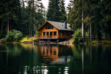 Wooden house on the shore of a lake in the forest.