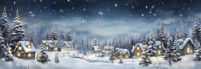 panoramic view of the Christmas village in the snow