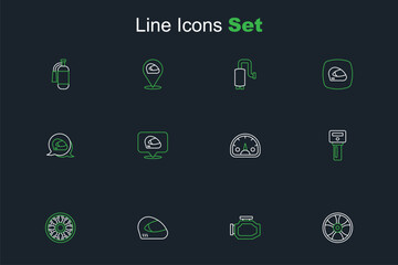Set line Alloy wheel for car, Check engine, Racing helmet, Car key with remote, Speedometer, and icon. Vector