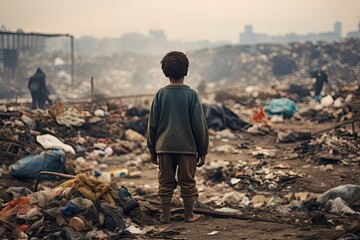 The poor little boy is standing on a smoking dump on the outskirts. Poverty and environmental pollution concept. - obrazy, fototapety, plakaty
