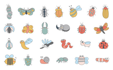 Cute insects cartoon characters. Funny small animals. Vector drawing. Collection of design elements.