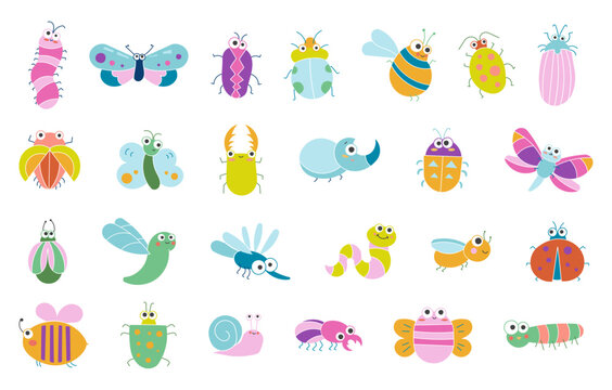 Cute insects cartoon characters. Funny small animals. Vector drawing. Collection of design elements.