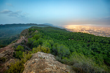 Panoramic view of El Valle Natural Park, Murcia, Spain, at dawn from the rocky Cresta del Gallo