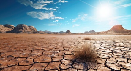 Drought plain land with blue sky and sunlight background.